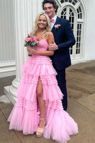 A Line Spaghetti Straps Pink Long Prom Dress with Split