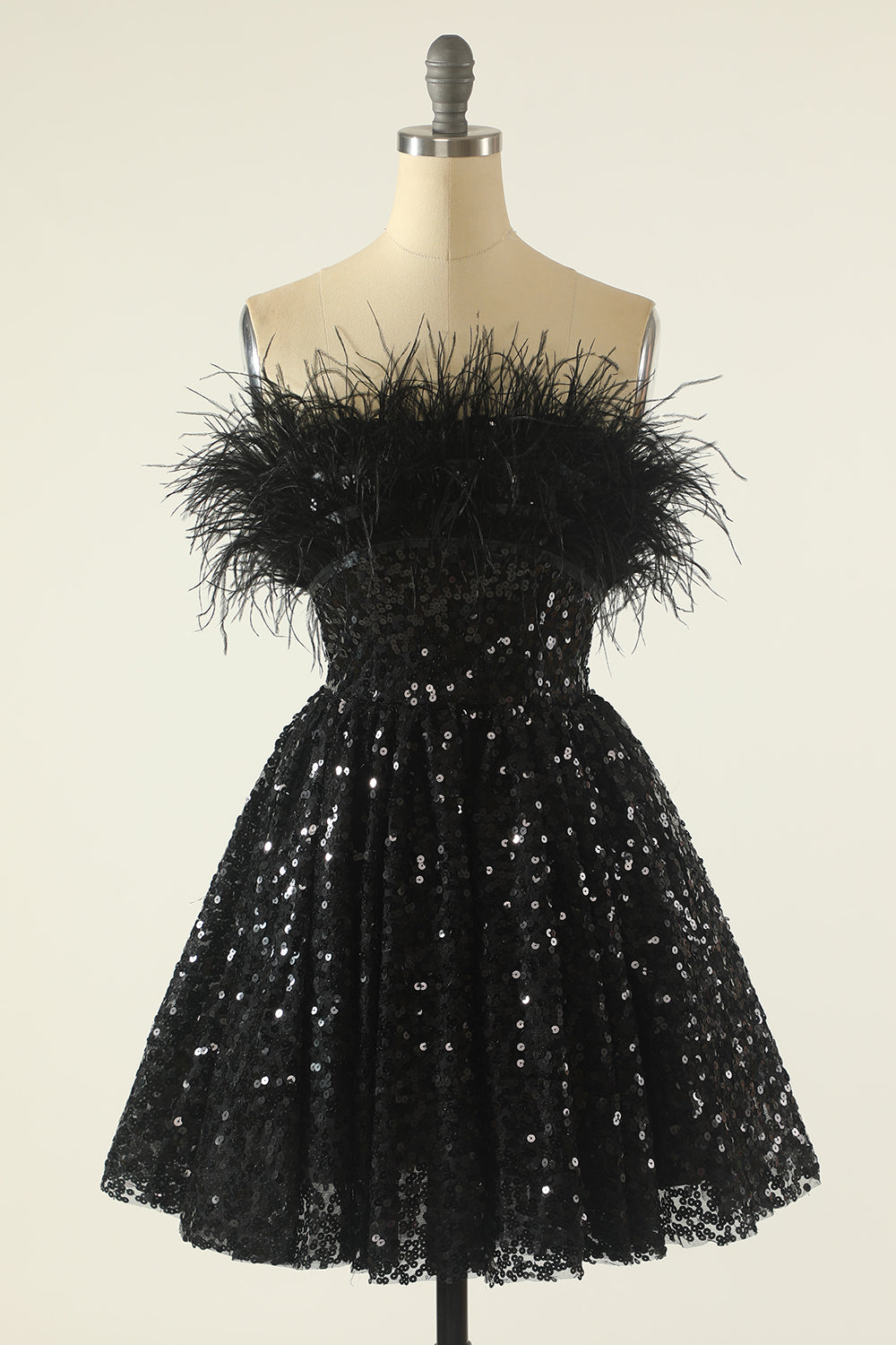 Black Strapless Cocktail Dress with Feathers