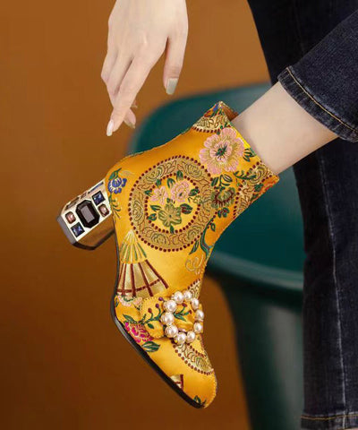Bohemian Black Embroidery Nail Bead Zircon Chunky Heel Boots