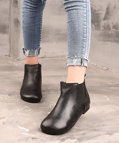 Coffee Boots Cowhide Leather Boho Warm Fleece Flat Boots