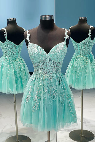 A Line Light Green Backless Short Cocktail Dress with Appliques