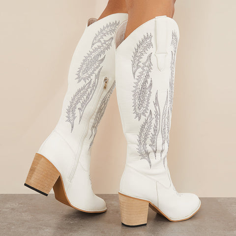 Embroidered Western Cowboy Boots Chunky Heel Knee High Riding Boots