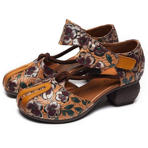 Summer Retro Figured Leather Low Heel Sandals
