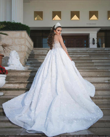BMbridal Illussion Long Sleeves Wedding Dress Bal Gown With Appliques