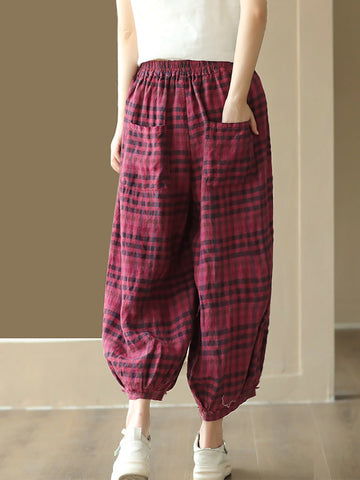 Women Summer Vintage Pocket Plaid Linen Harem Pants
