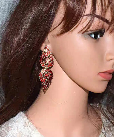 Loose Red Alloy Hollow Out Dripping Glaze Flame Drop Earrings