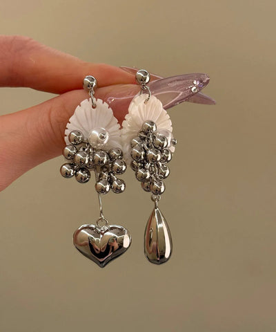 Boutique Silk Alloy Crystal Shell Pearl Asymmetrical Drop Earrings