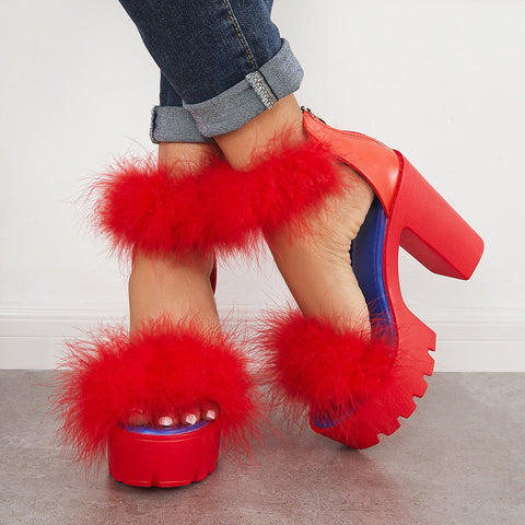 Furry Platform Chunky High Heels Open Toe Ankle Strap Sandals