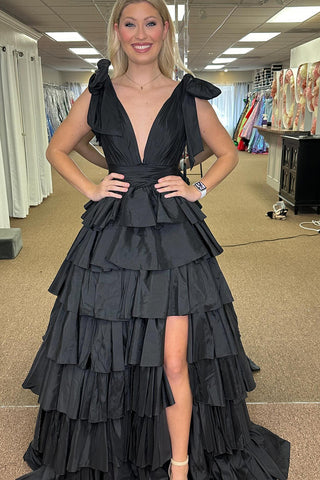 Princess A Line Deep V Neck Pink Prom Dress with Ruffles