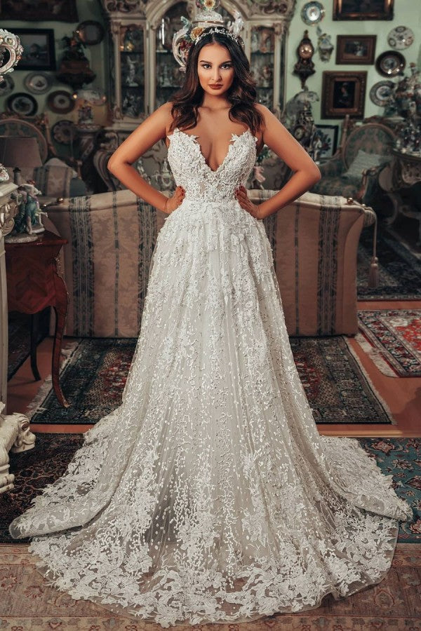BMbridal V-Neck Sleeveless Lace Wedding Dress Summer Beach Bridal Gowns
