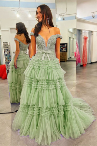 A Line Off the Shoulder Light Pink Long Prom Dress with Ruffles