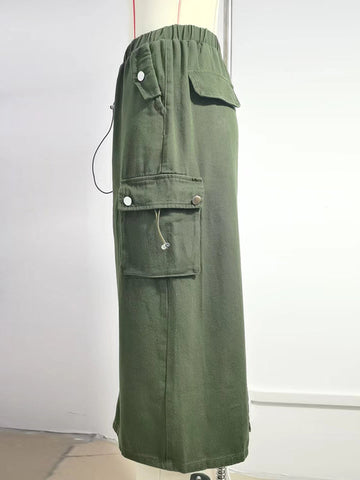 Buttoned Drawstring Pockets Solid Color Split-Joint A-line Skirts Bottoms