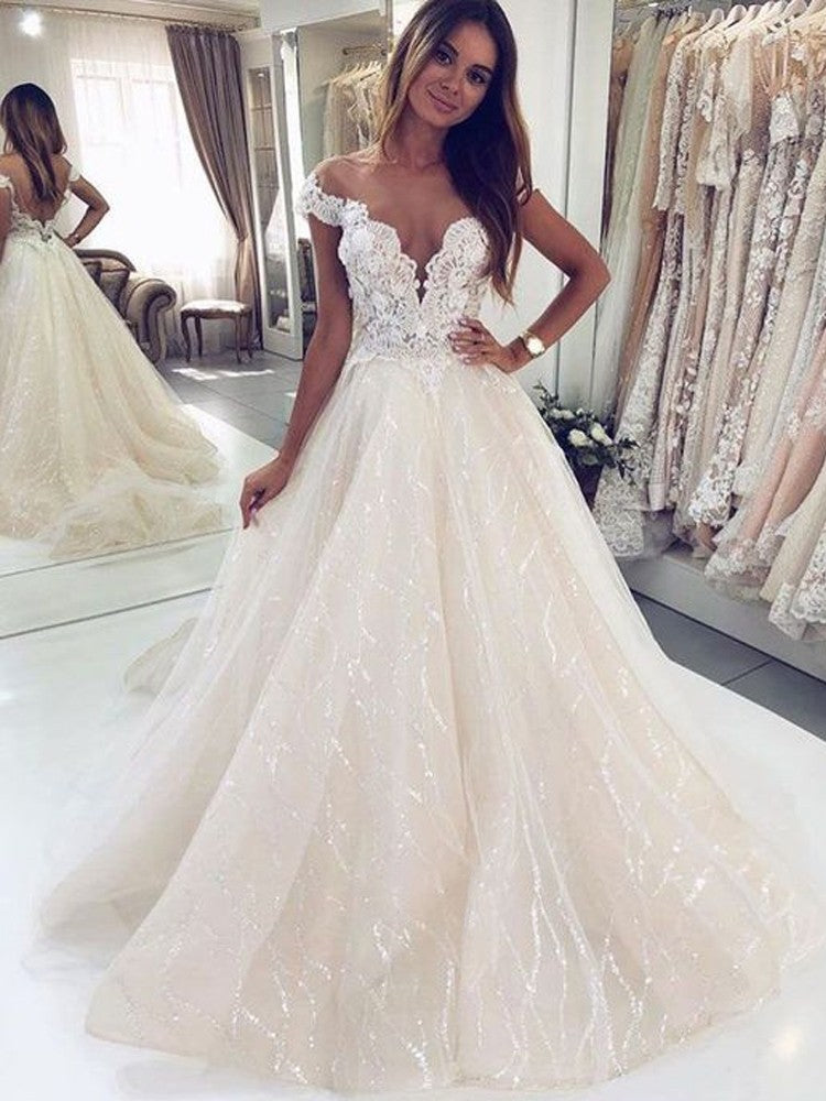 BMbridal Cap Sleeves Wedding Dress Open Back WIth Appliques