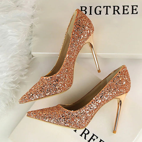 2024 summer new European style women's shoes high heels shallow mouth pointy glitter sexy slim nightclub high heels single shoes
