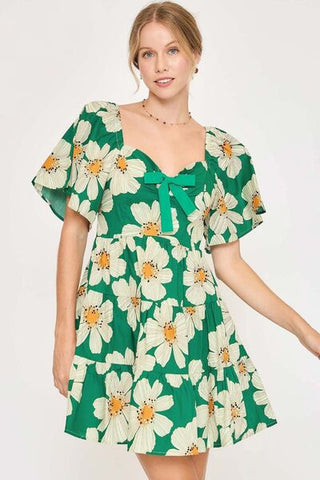 Full Size Daisy Print Mini Summer Dress with Ribbon Details