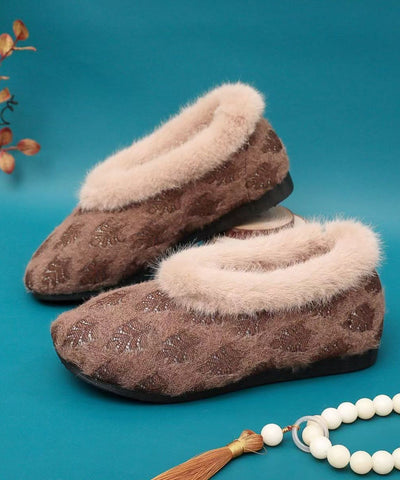 Lila Baumwollstoff Bequeme flache Schuhe mit flauschigem Wollfutter