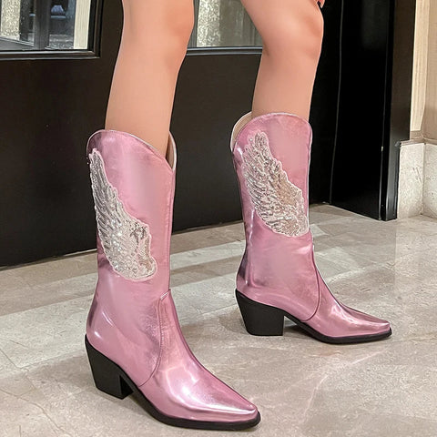 - Plus Size Bling Angel Wings Pattern Sequin Women's Mid Length Boots Pointed Toe Tapered Thick Heels Slip-On Dance Booties Silver