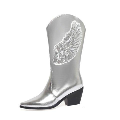 - Plus Size Bling Angel Wings Pattern Sequin Women's Mid Length Boots Pointed Toe Tapered Thick Heels Slip-On Dance Booties Silver