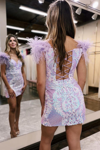 Trendy Sheath Off the Shoulder Purple Short Homecoming Dress with Feather