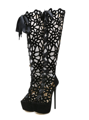 Womens Heels Knee High Boots Peep Toe Red High Heels
