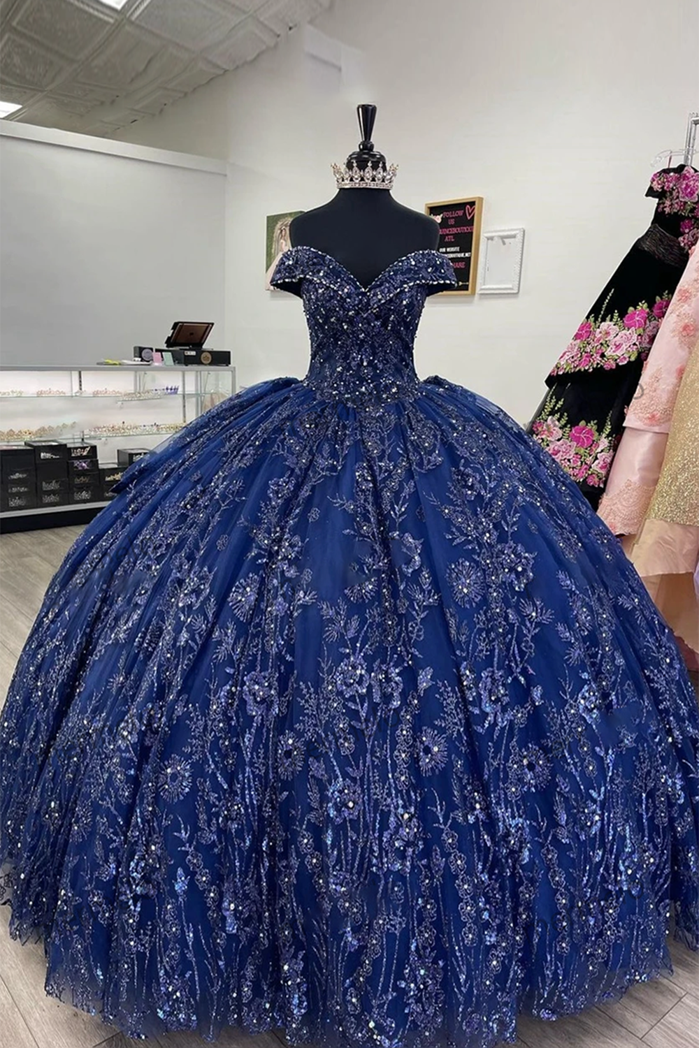 Sparkly Navy Ball Gown Off the Shoulder Sequins Applique Quinceanera Dress 