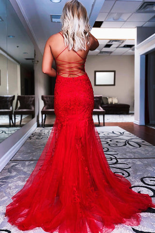 Mermaid Spaghetti Straps Blue Long Prom Dress with Backless