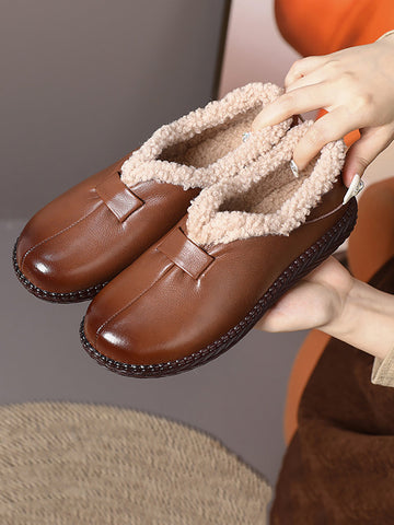 Women Winter Vintage Fleeced Leather Flat Shoes