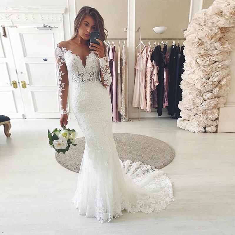 Bmbridal Long Sleeves Lace Wedding Dress Mermaid V-Neck