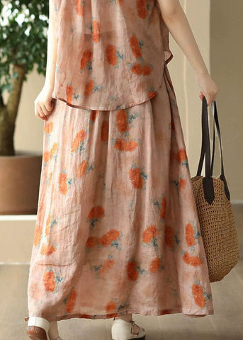 Italian Orange Wrinkled Print Patchwork Linen Skirt Summer