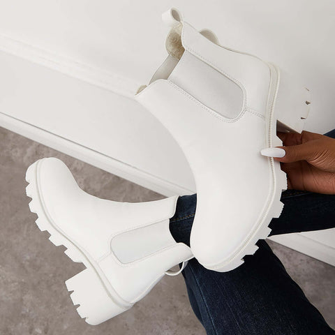 Faux Leather Chelsea Chunky Heel Ankle Boots Lug Sole Booties