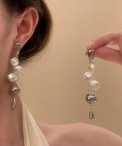 French Silk Alloy Asymmetrica Pearl Water Droplet Drop Earrings