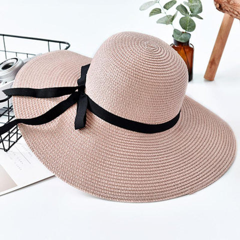 Women Summer Casual Solid Straw Hat With Bow-knot