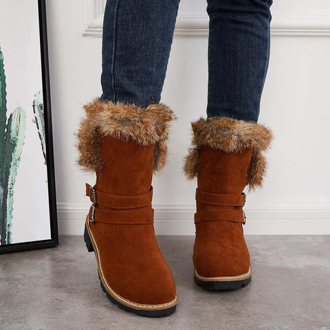 Warm Fur Mid Calf Snow Boots Block Heel Furry Winter Booties