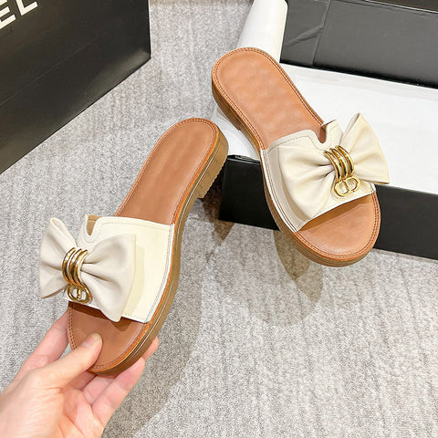 Women 2022 Retro Fashion Leather Bowknot Slippers