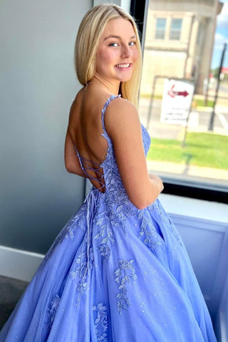 A-Line Spaghetti Strap Tulle Lace Prom Dress with Pockets