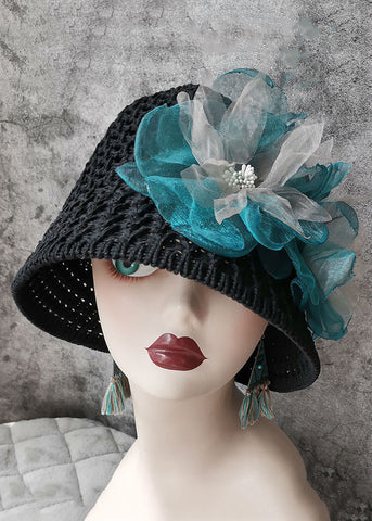 Original Design Schwarz Blau Floral Hollow Out Bucket Hat