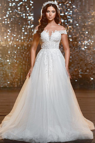 Bmbridal Cap Sleeves A-Line Wedding Dress With Lace Appliques