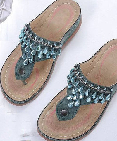 0508Unique Zircon Splicing Wedge Thong Sandals Green Faux Leather