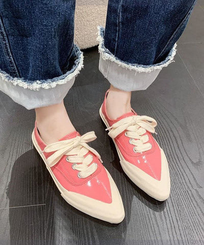 0508Pink Faux Leather Flat Shoes For Women Lace Up Splicing Pointed Toe
