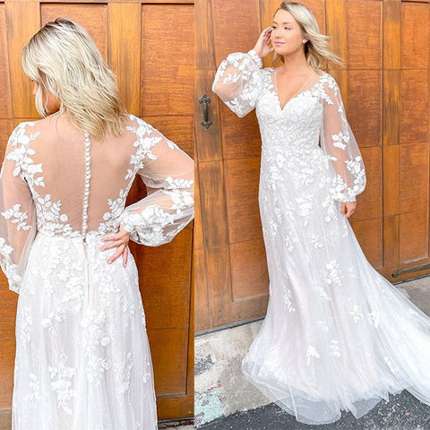 Bmbridal Long Sleeves Lace Wedding Dress A-Line V-Neck