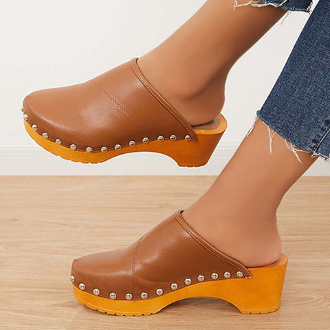 Women Casual Heeled Mules Closed Toe Slip-on Slide Sandals