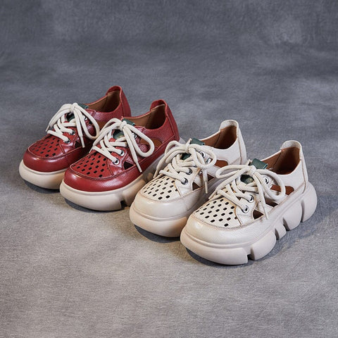 Summer Hollow Retro Leather Casual Platform Sandals