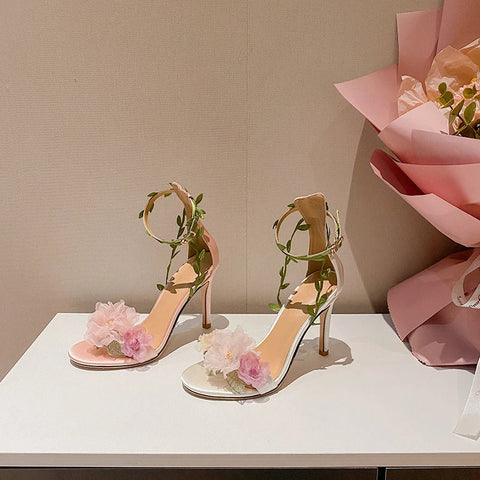 New Pink Countryside Chiffon Flower Fantasy High Heels Straight Vine Strap Sandals