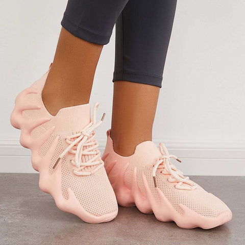 Pink Breathable Lace Up Running Sneakers Knit Athletic Shoes