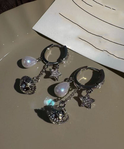 Beautiful Silk Copper Overgild Zircon Planet Pearl Tassel Drop Earrings