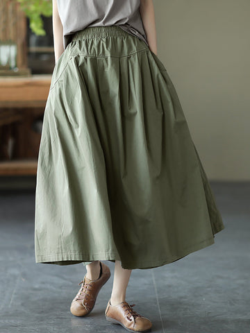 Women Summer Casual Solid Stitching Pocket Loose Skirt