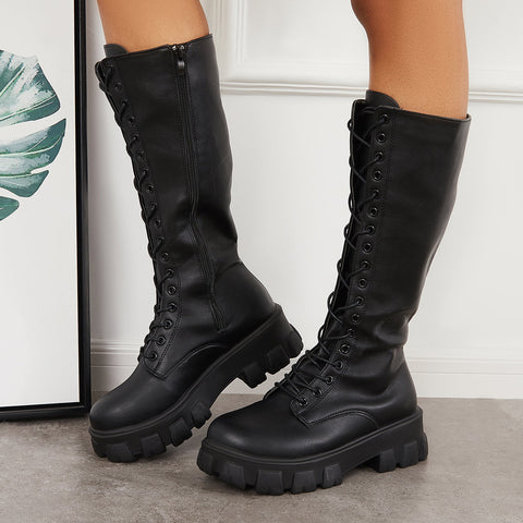 Lace Up Platform Heel Knee High Boots Lug Sole Combat Boots