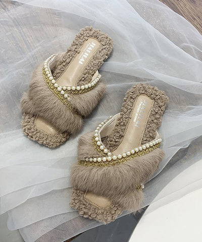 Stilvolle Splicing Fuzzy Pelz Hausschuhe Schuhe Braun Nagel Perle