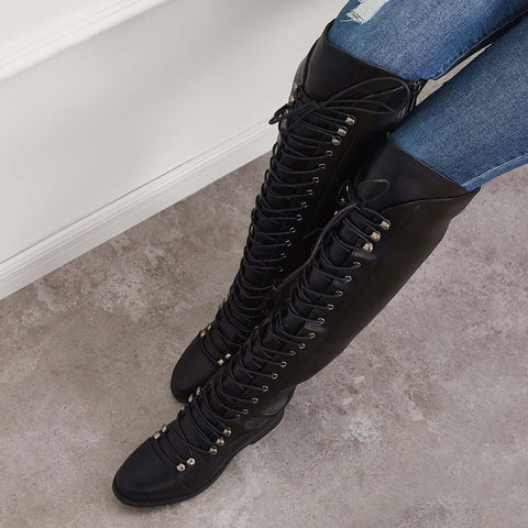 Chunky Heel Lace Up Over The Knee Thing High Riding Boots