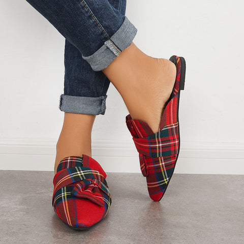 Pointed Toe Bowtie Flat Mule Loafers Walking Slippers